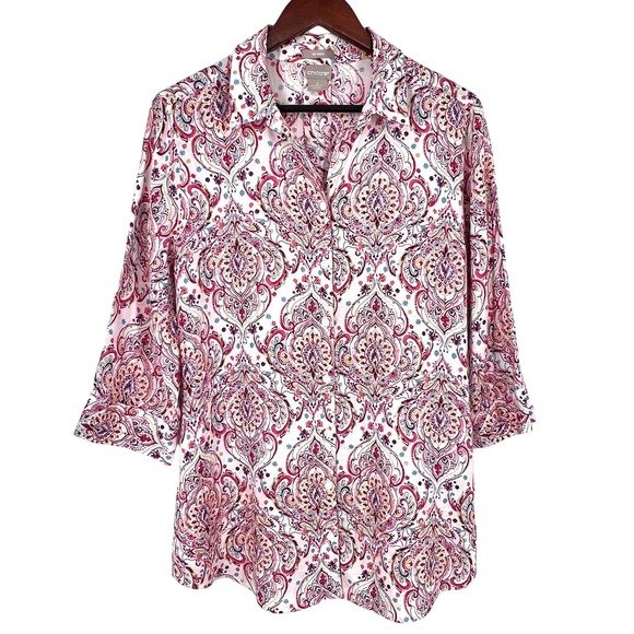 Chicos 100% Linen Sz 2 Large 12/14 Tropical Blouse Shirt Top Beach No Iron - Picture 1 of 12